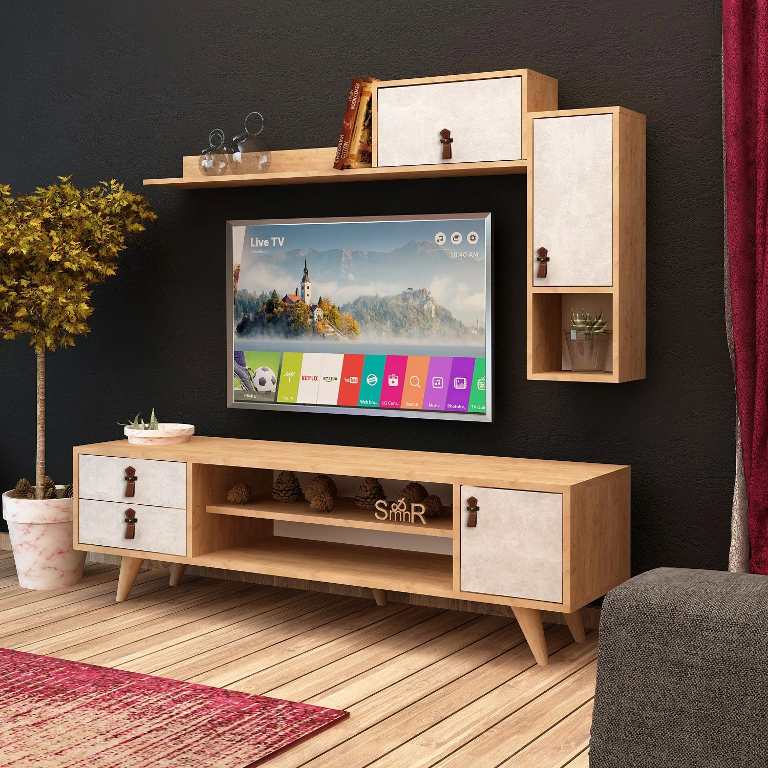 Komodë TV Hanah Home, Eleva, ngjyrë lis dhe e bardhë