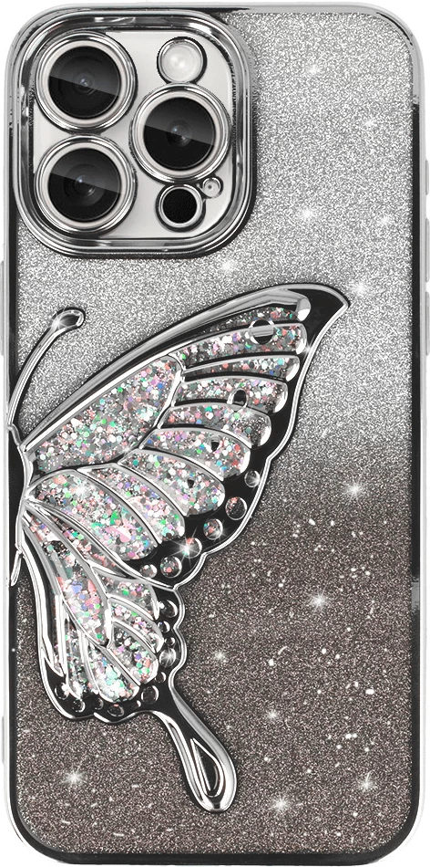 Mbështjellës ONASI Dream për iPhone 16 Pro, TPU fleksibël, 3D flutur me glitter, mbrojtje kamerash, gri
