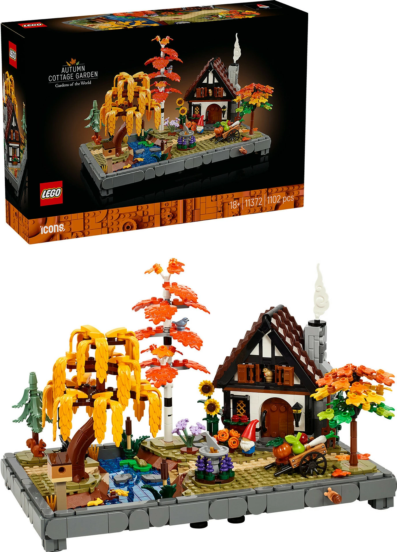 Set ndërtimi LEGO Icons Autumn Cottage Garden 11372, 1102 copë, 18+, multikolor