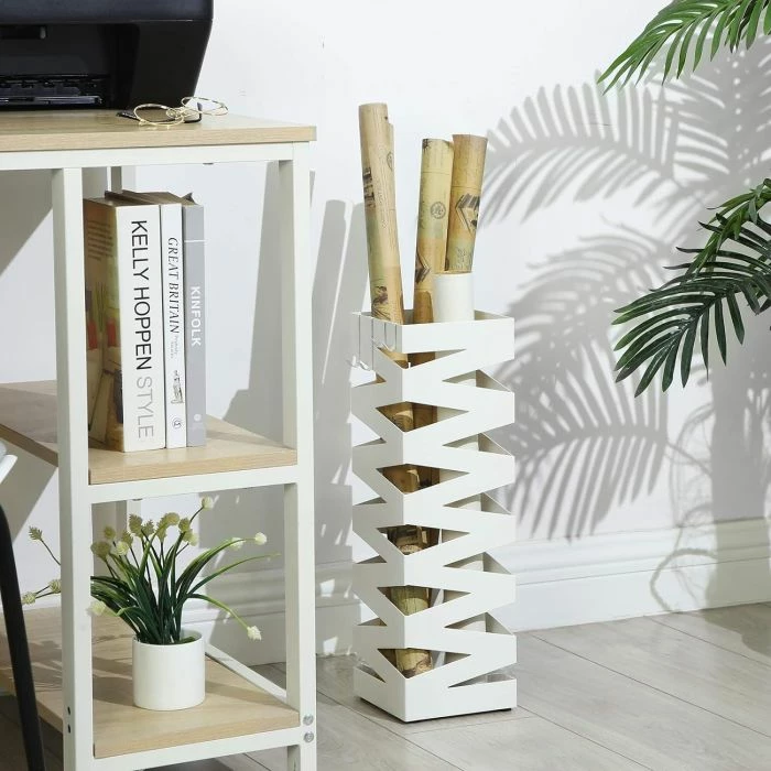 Mbajtëse ombrellash metalike SONGMICS LUC16W, 15.5 x 15.5 x 49 cm, me grepë & tabaka pikimi, e bardhë, set 1 copë + tabaka + 4 grepë