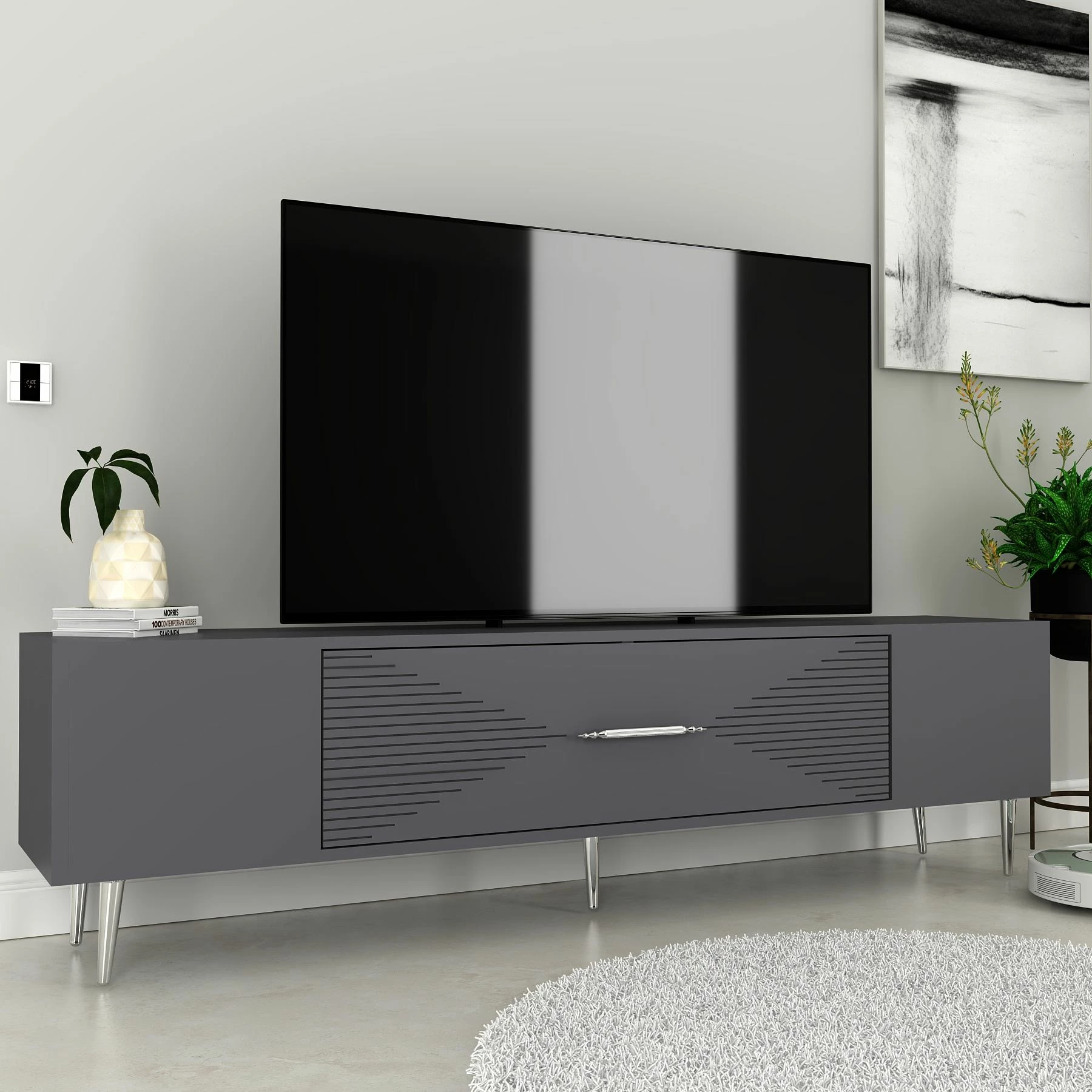 Komodë TV Skye Decor, Dekol1, antracit, argjend