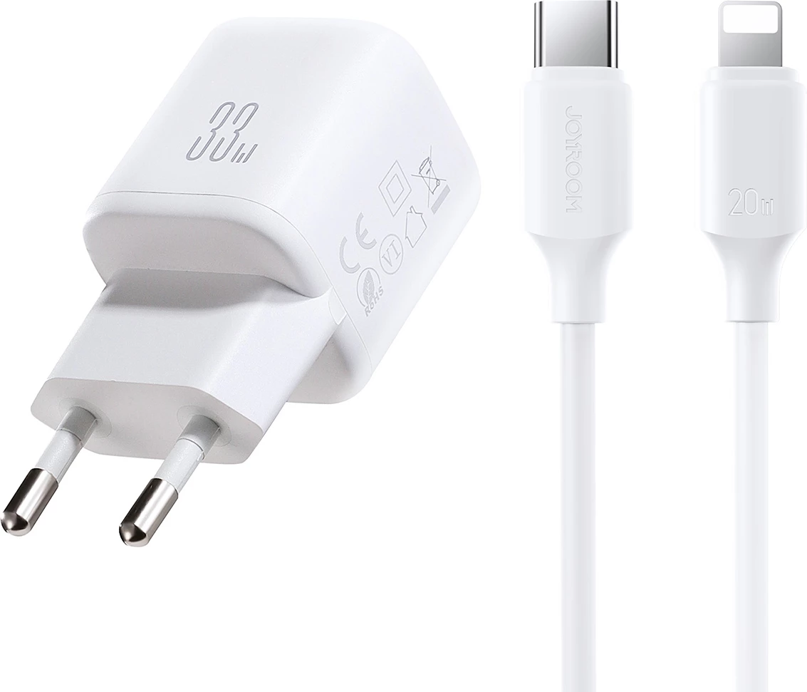 Karikues muri Joyroom JR-TG7 33W USB-A + USB-C, kabllo USB-C në Lightning 1m, bardhë