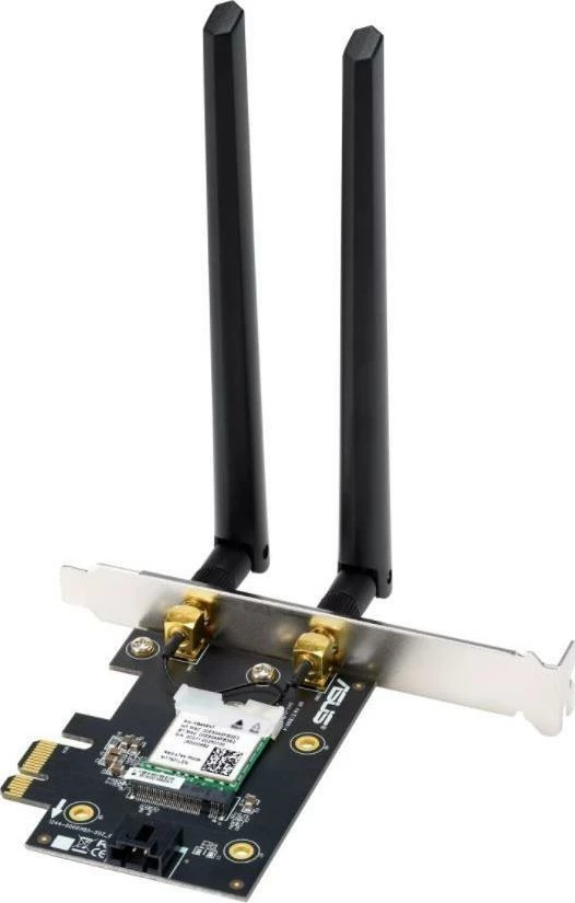 Kartelë rrjeti Wi‑Fi Asus PCE-AX1800 (90IG07A0-MO0B00) PCIe, Wi‑Fi 6 AX1800, Bluetooth 5.2, 2 antena të jashtme, e zezë