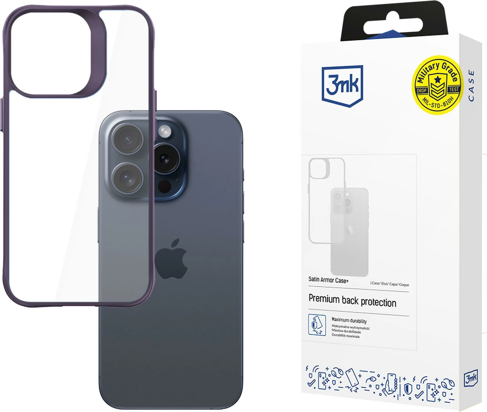 Mbështjellës 3mk Satin Armor Case+ për iPhone 15 Pro Max, Transparent/Vjollcë