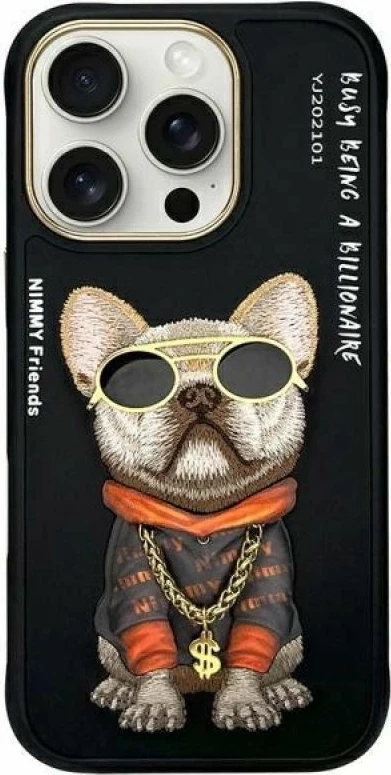 Kapak telefoni Nimmy Glasses Cool Dog për iPhone 16 Pro, i zi