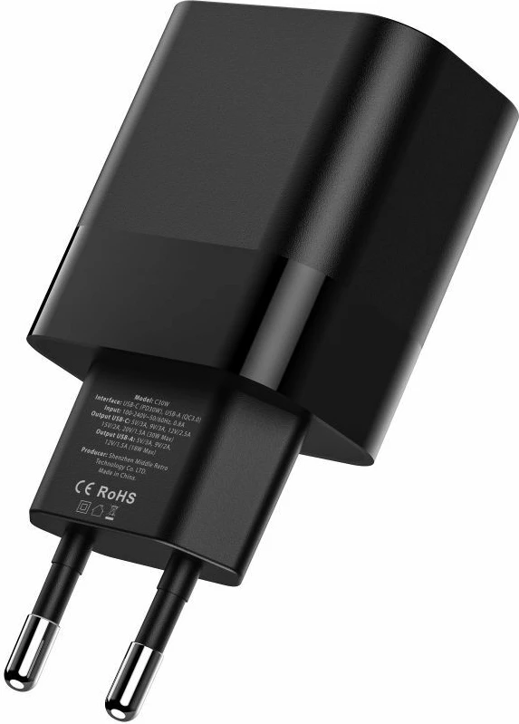 Karikues prizës Tech-Protect C30W, 30W, 2 porta USB-C & USB-A, i zi