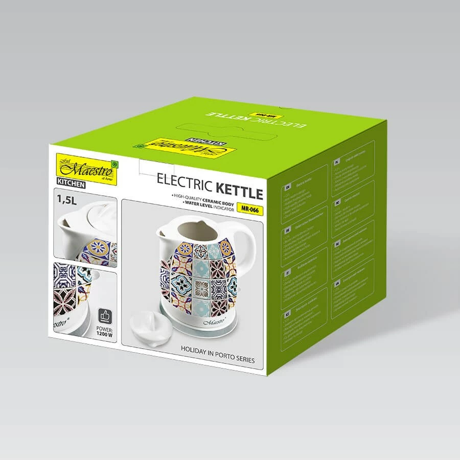 Ibrik elektrik qeramike Maestro MR-066-PORTO, 1.5L, Bardhë me motive mozaiku