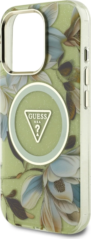 Mbështjellës Guess Glitter Flowers Triangle Buttons MagSafe për iPhone 16 Pro, Gjelbër