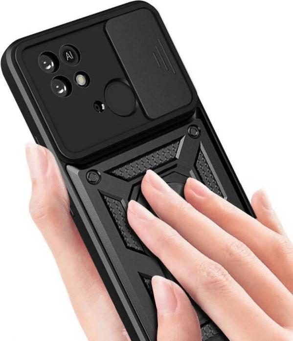 Mbështjellës silikonik armor me unazë për Celular Xiaomi Redmi 12C, ONASI 17342, me slider mbrojtës kamere, i zi