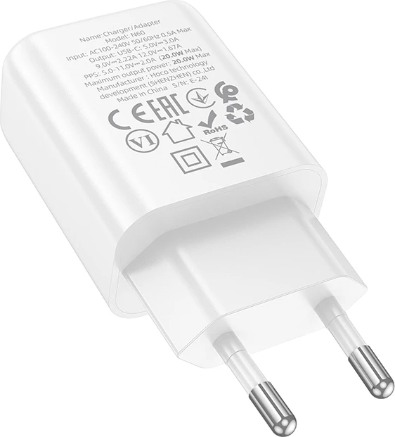 Adapter karikues USB-C HOCO N60 GaN PD 20W, i bardhë, 1 copë
