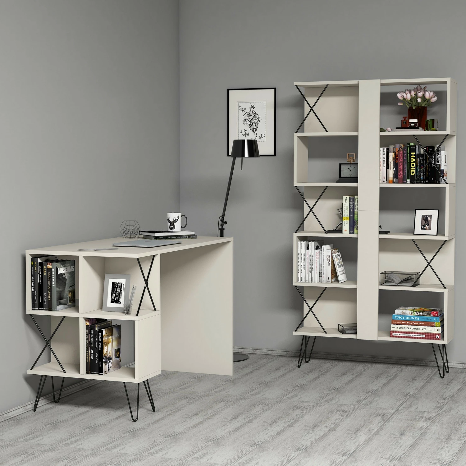 Tavolinë pune me raft librash Skye Decor, ekstra, krem