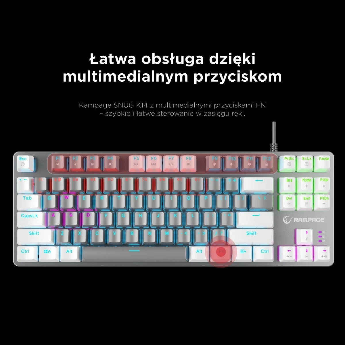Tastierë mekanike Rampage Snug RGB KRGD Blue, 80%, anglisht, bardhë-gri