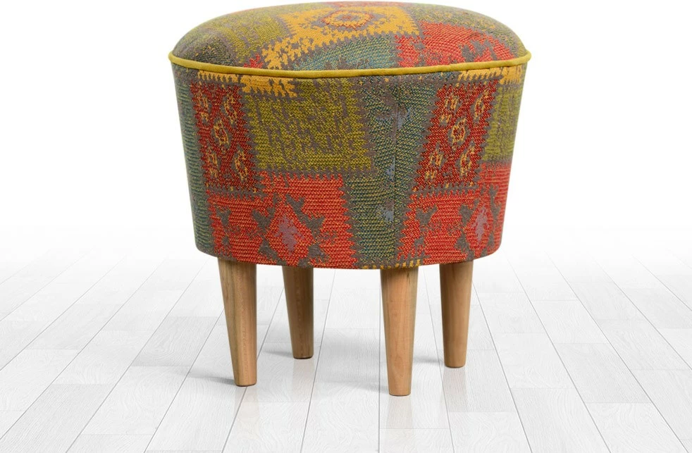 Puf Patchwork Bohemian, këmbë druri, shumëngjyrësh, 42x42cm