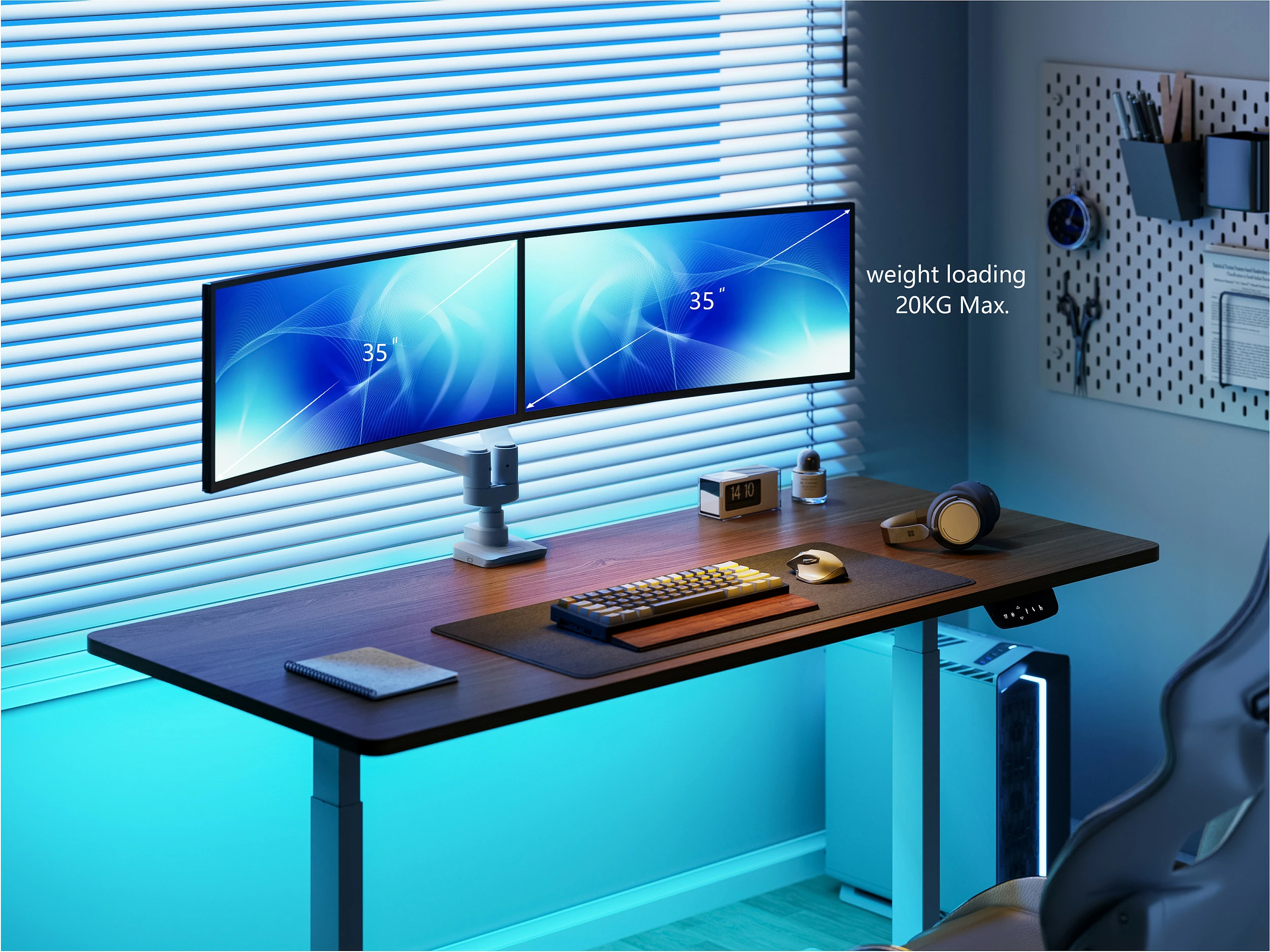 Mbajtëse tavoline për 2 monitorë Equip 2TFT, 17-35 inç, 360°, Gas Spring, VESA 75x75/100x100, 20kg për monitor, e bardhë