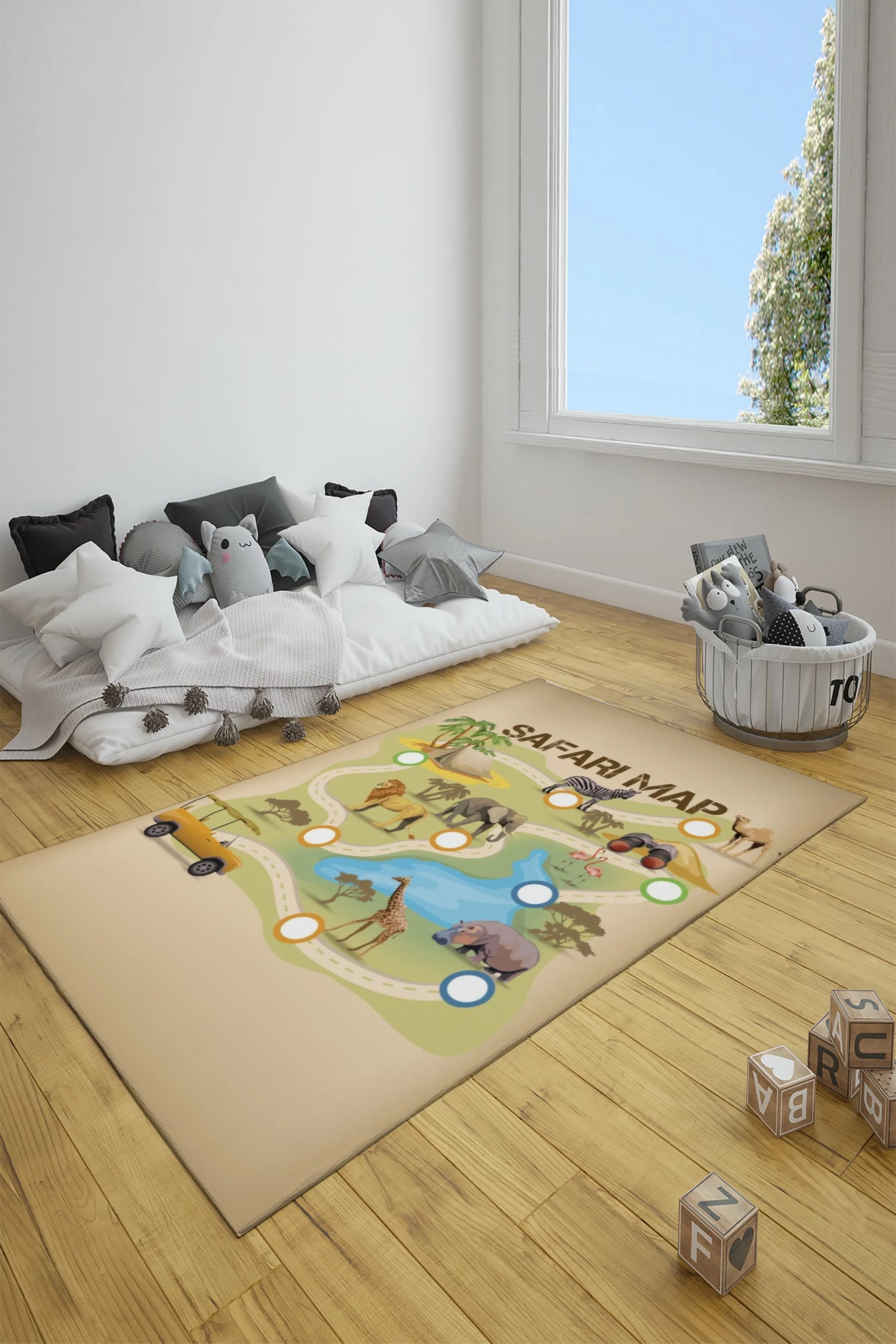 Qilim shumëngjyrësh për fëmijë, 80x150cm, dizajn safari, CT-3085