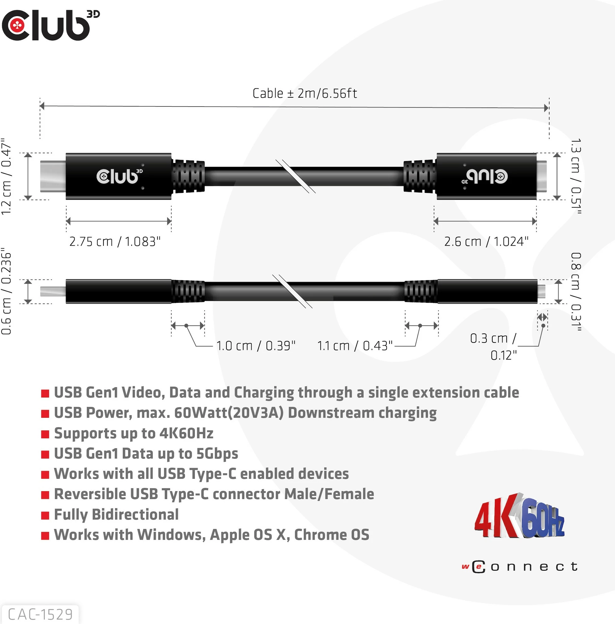 Kabllo USB-C Club3D 1m zgjatues, 5Gbps, e zezë