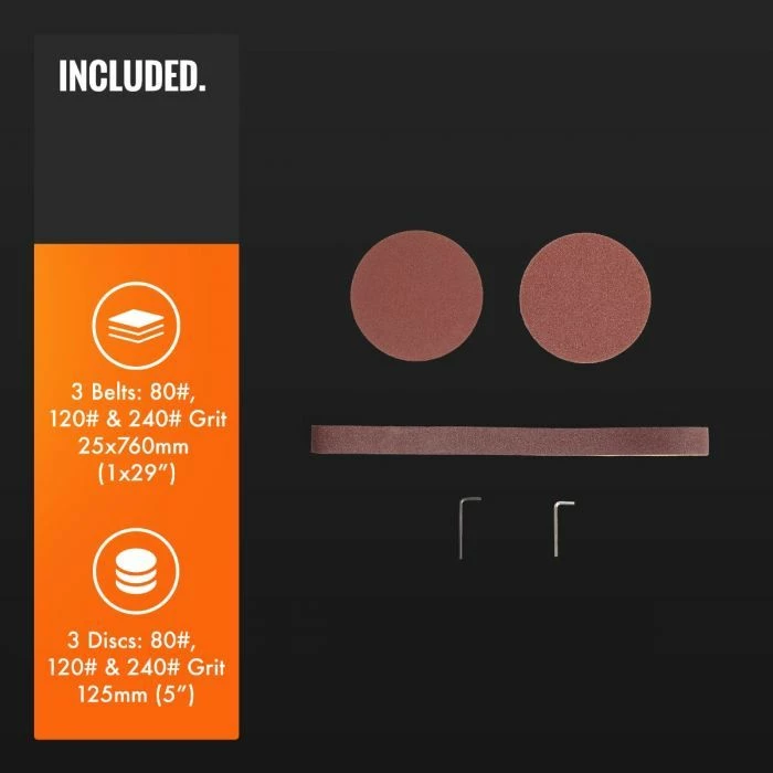 Makinë lëmimi stacionare me shirit & disk VONHAUS 3500219, 250W, shirit 25x760mm, disk 125mm, set 3 rripa + 3 disqe, portokalli/zi