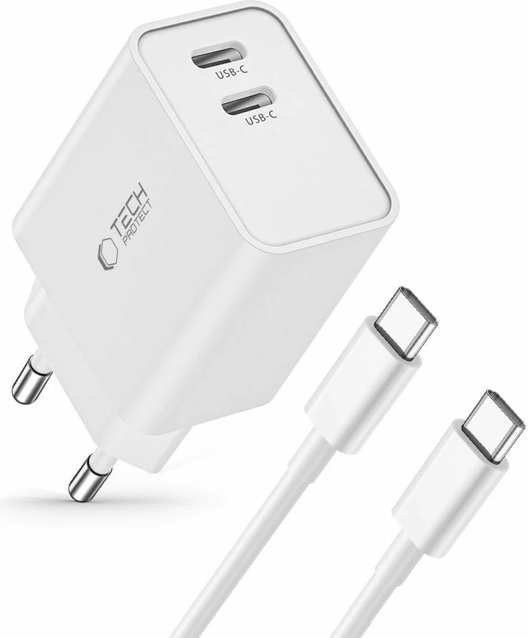 Karikues rrjeti Tech-Protect C35W me 2x USB-C PD 35W dhe kabllo USB-C/USB-C, Bardhë set