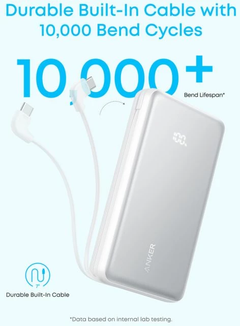 Powerbank Anker Zolo A110E 20000 mAh 22.5W me kabllo USB-C të integruar, e bardhë