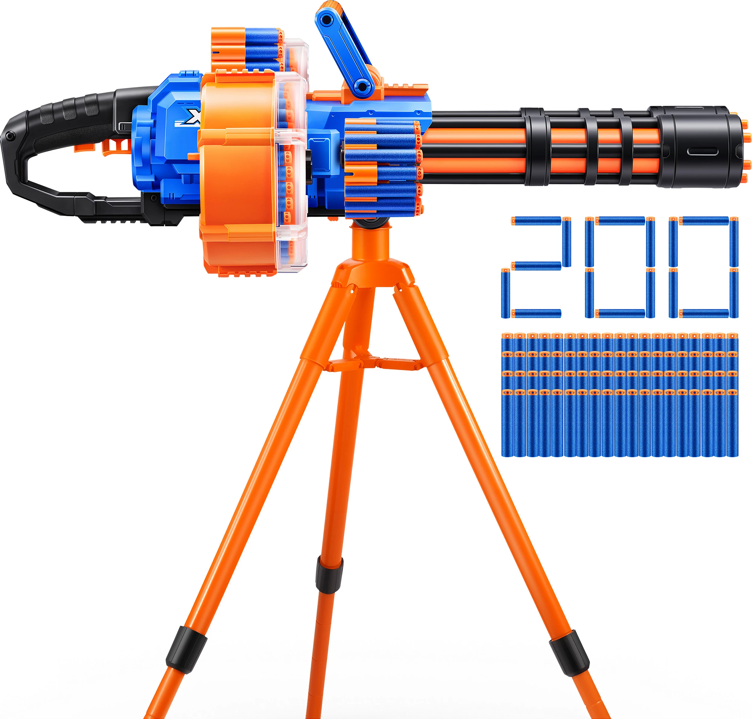 Blaster me dartsa ZURU XSHOT Insanity Series 1 Motorized Dartstorm, me tripod, 200 dartsa, portokalli/blu