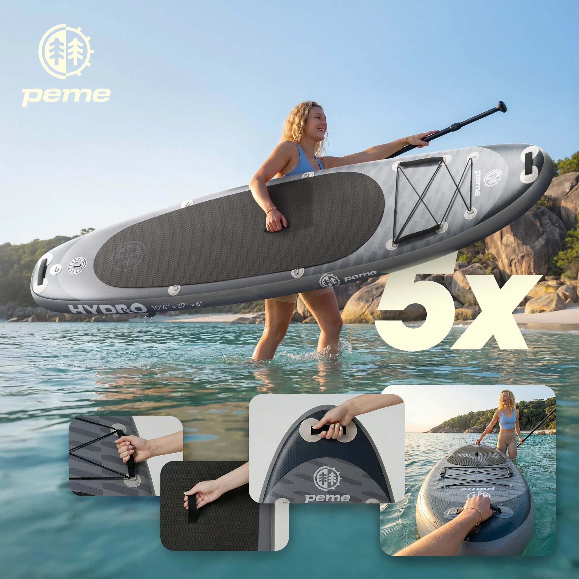 Dërrasë SUP me fryrje Peme Hydro 350x81x15 cm, kapacitet 166 kg, set aksesorësh, gri