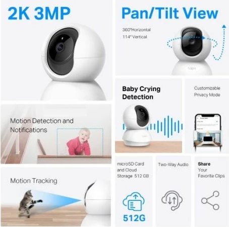 Kamerë sigurie WiFi TP-LINK Tapo C210P2 2K 3MP Pan/Tilt, e bardhë, set 2 copë