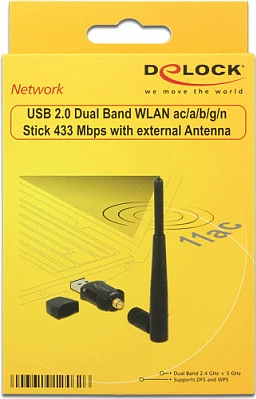 Adapter Wi‑Fi USB DeLOCK 12462, Wi‑Fi 5, 433 Mbit/s, antenë e jashtme, i zi