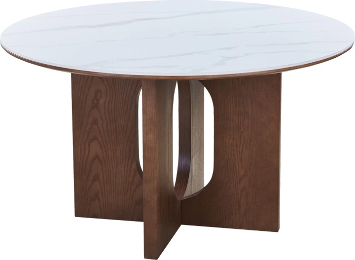 Tavolinë ngrënieje Merge, gur sintetik, MDF, ngjyrë mermeri të bardhë, bazë arre, D130x75cm