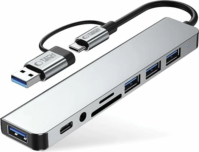 HUB adapter Tech-Protect HB06 8-në-1, Type-C + USB2.0 + USB3.0 + SD/TF + AV3.5, Gri