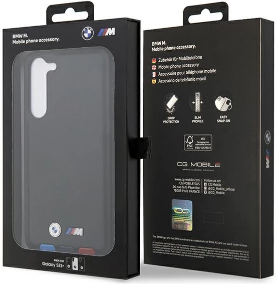 Mbështjellës BMW Leather Stamp Tricolor për Samsung Galaxy S23+, lëkurë, e zezë