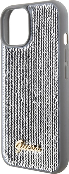 Mbështjellës Guess Sequin Script Metal për iPhone 15, argjend