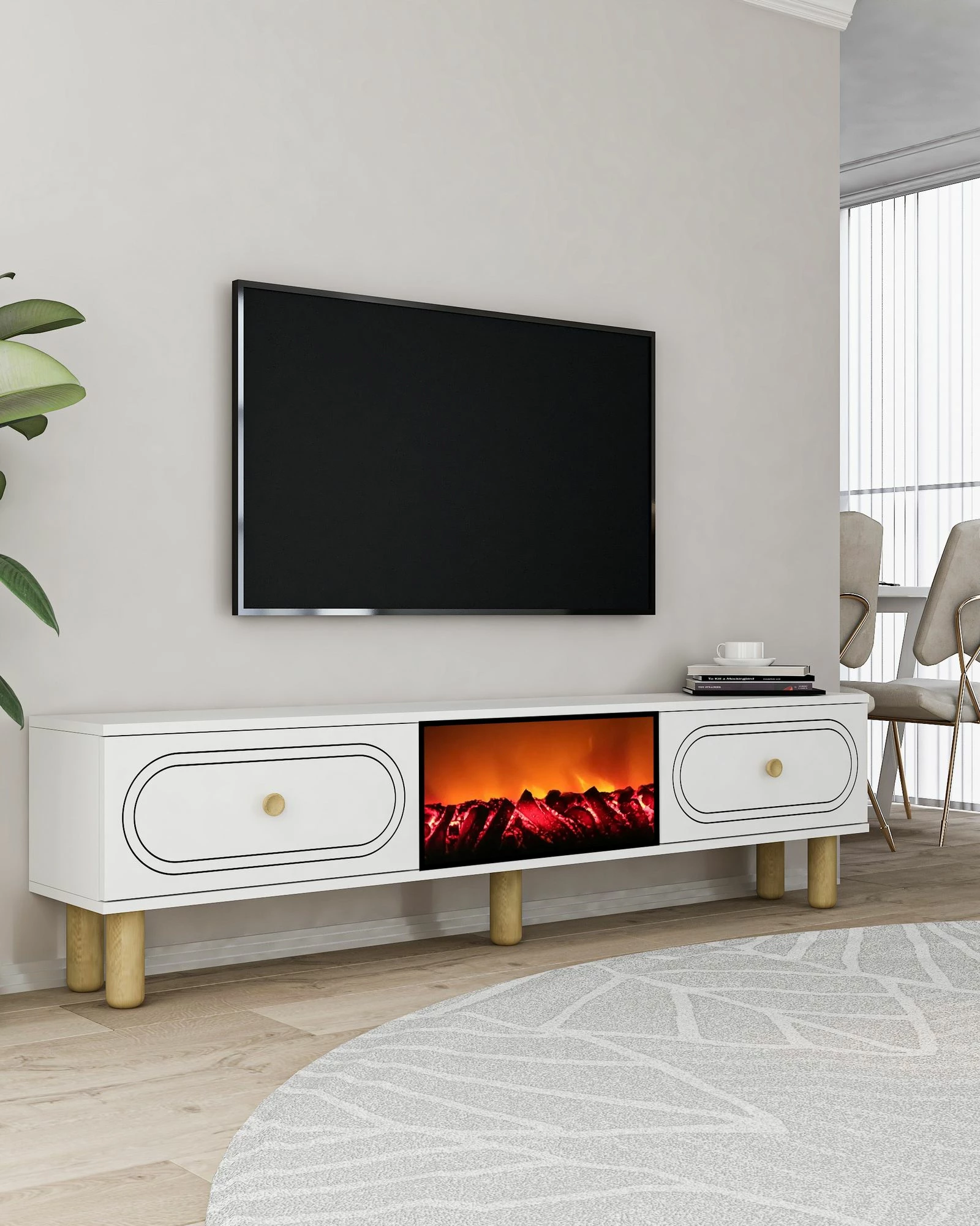 Komodë TV Skye Decor, Polen Bohem me oxhak dekorativ, e bardhë