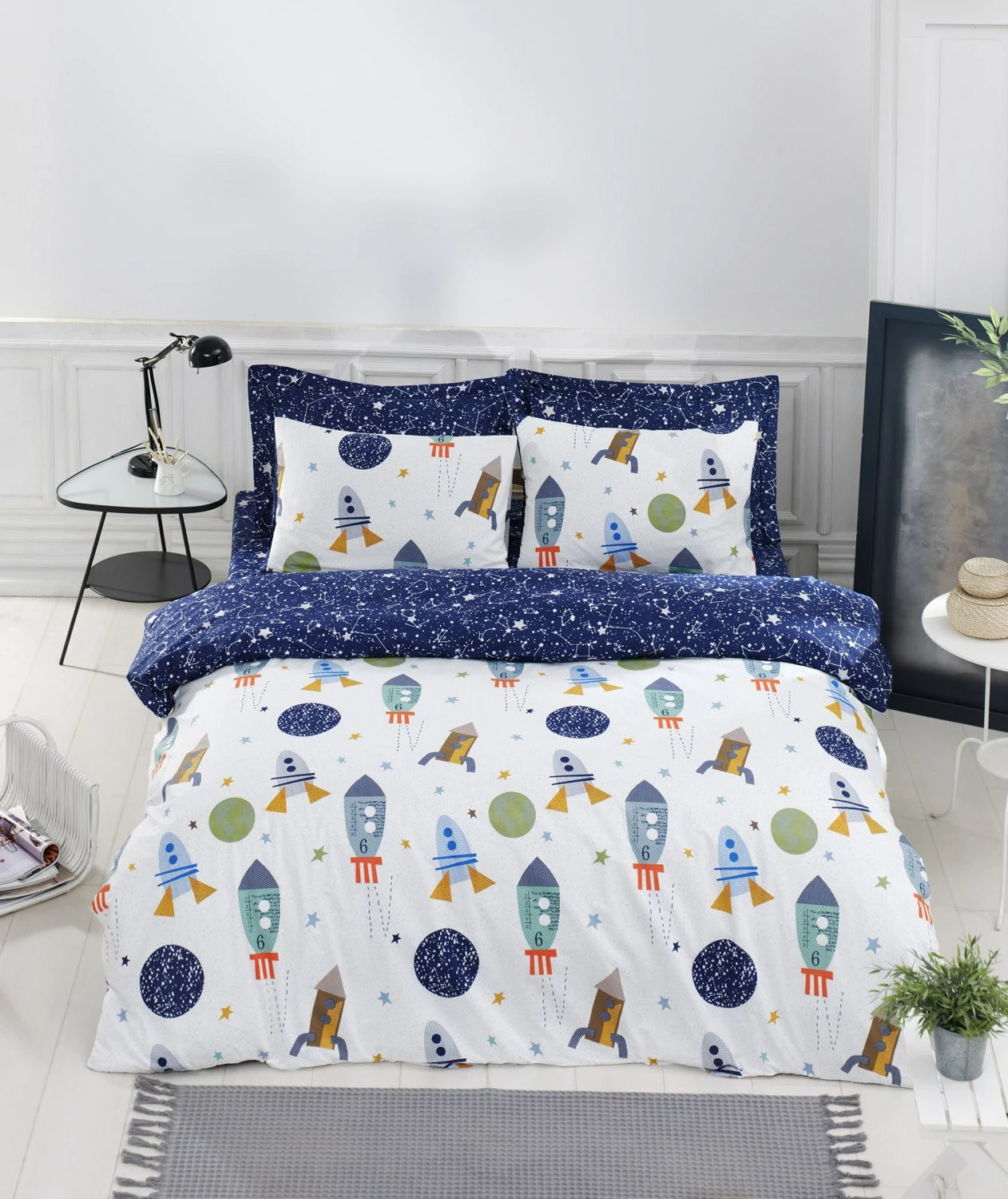 Set mbulesë për jorgan king size, L'essentiel, Spacex, ngjyrë kaltër e errët, shumëngjyrëshe