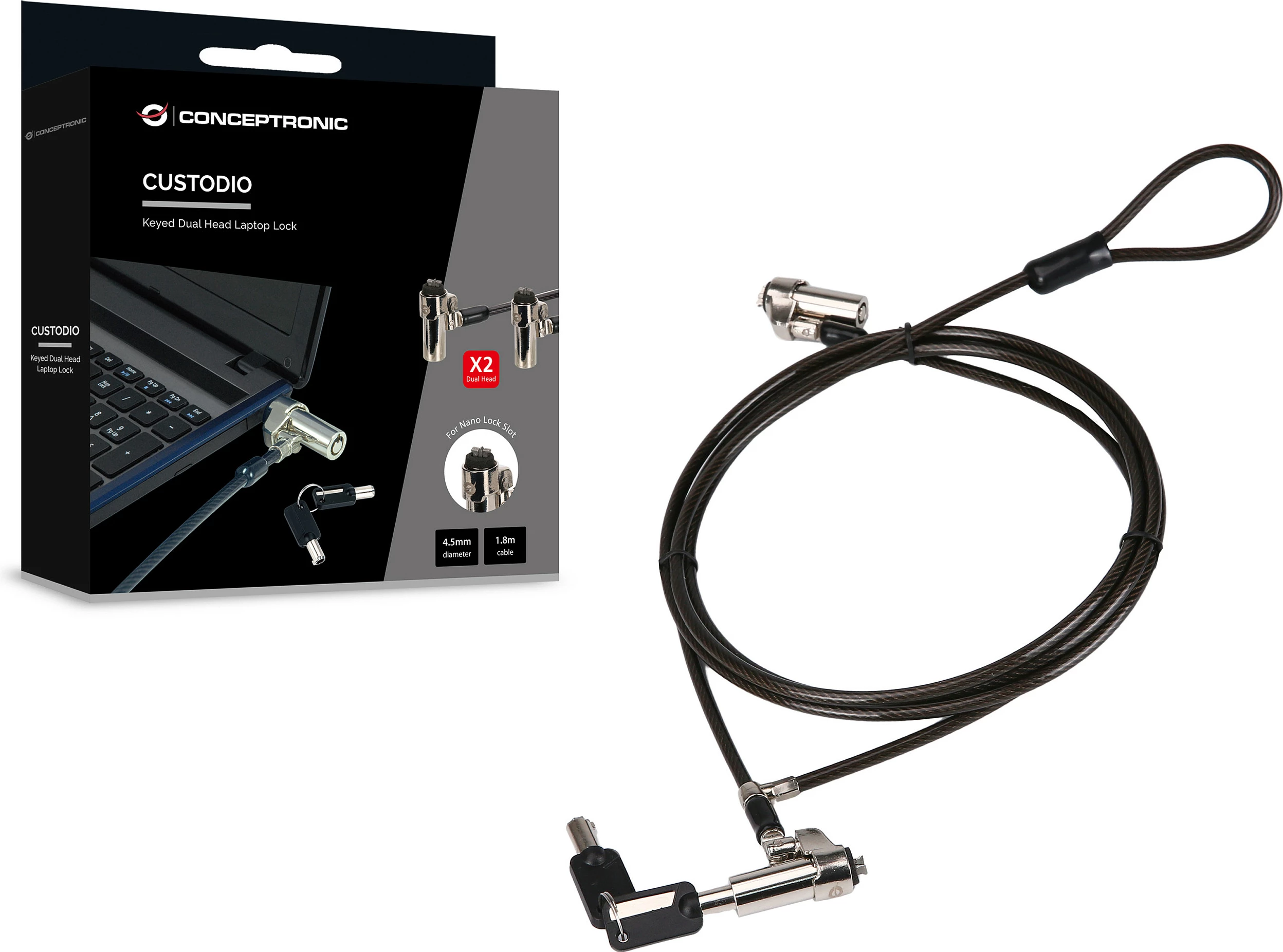 Kandadë sigurie për laptop Conceptronic Nano-Lock Dual, kabllo 1.8m, e zezë
