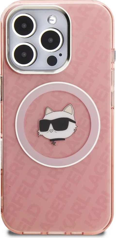 Mbështjellës Karl Lagerfeld IML Choupette Head Logo MagSafe për iPhone 16 Pro Max, rozë, me kuti
