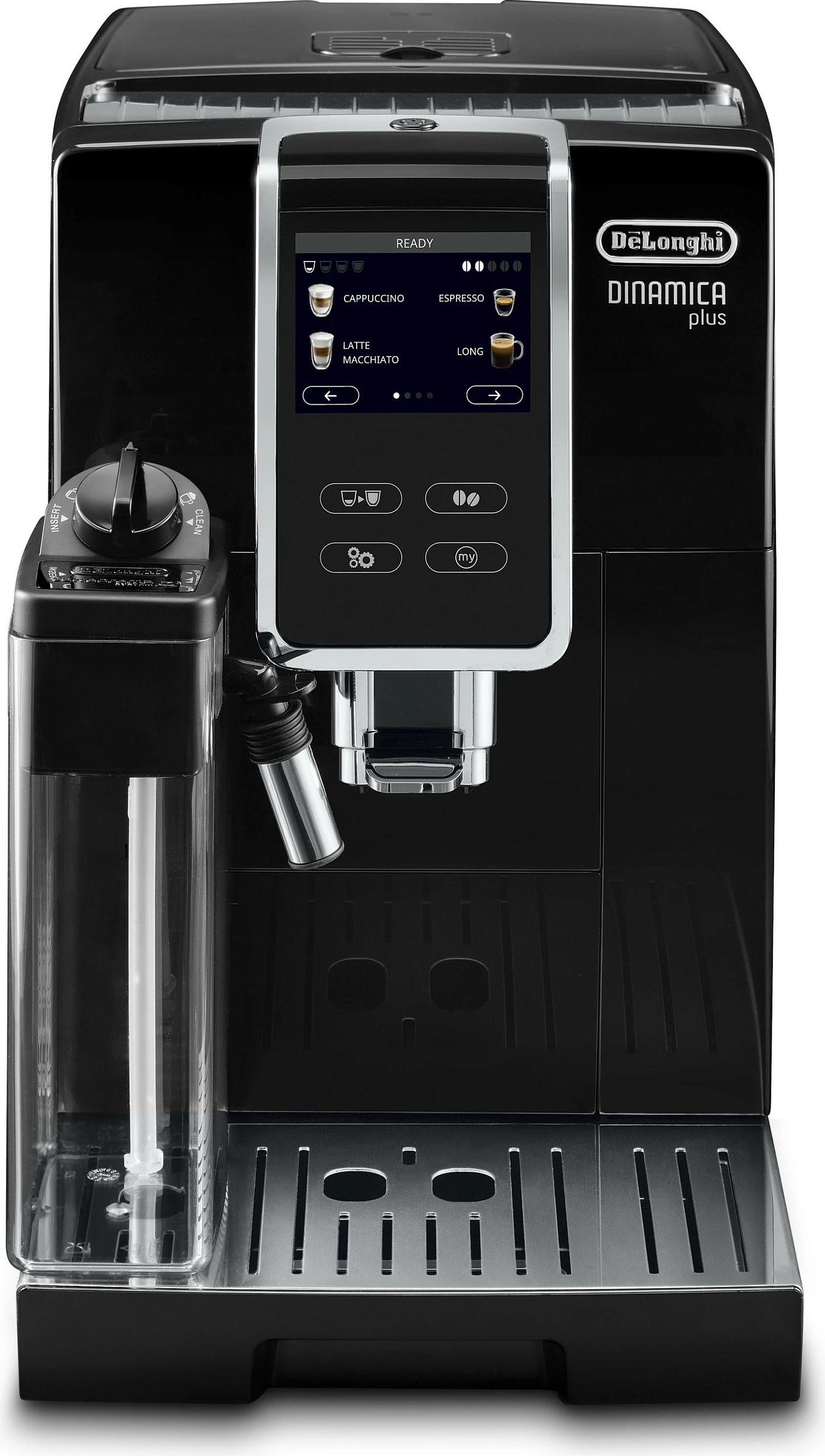 Aparat kafeje DeLonghi Dinamica Plus, automatik, 2 filxhanë, mulli i integruar, ekran me prekje, i zi