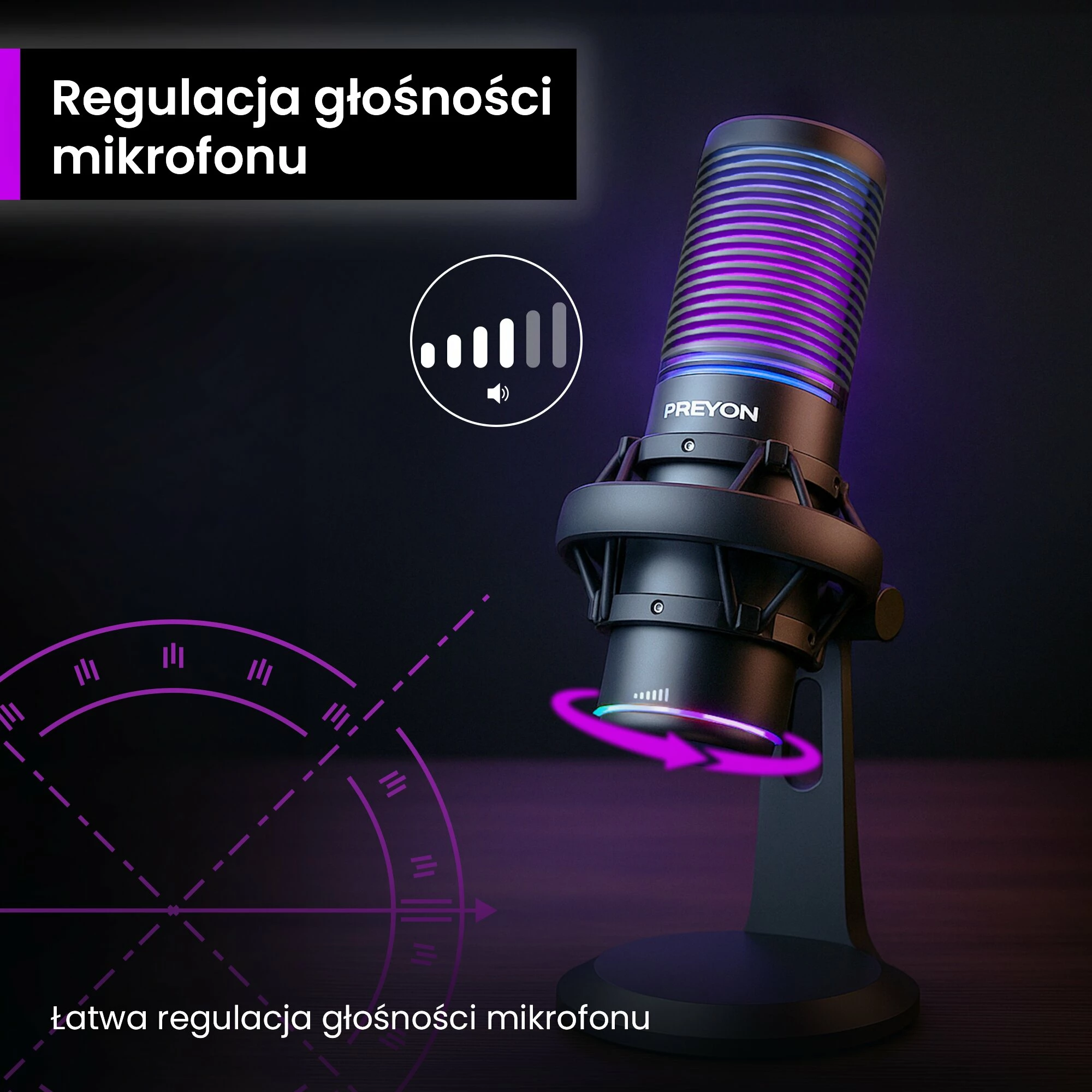 Mikrofon gaming USB PREYON Osprey Scream POS43B, RGB, cardioid/omnidirectional, me krah dhe kapëse tavoline, i zi