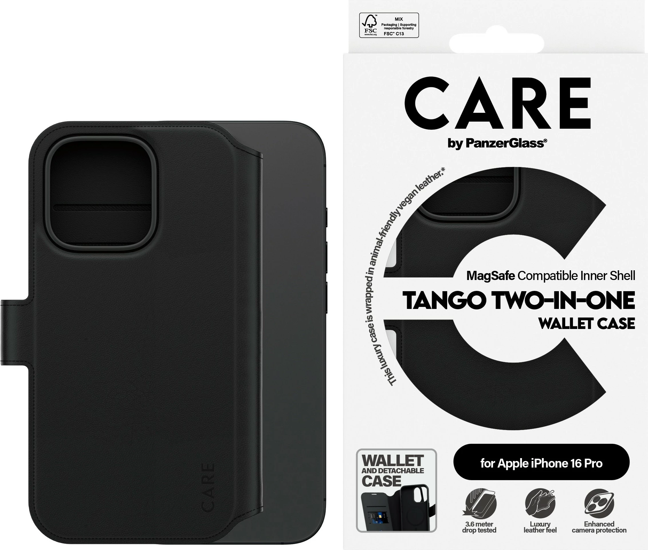 Mbështjellës PanzerGlass CARE Case Feature Tango 2-in-1 Wallet për iPhone 16 Pro, i zi