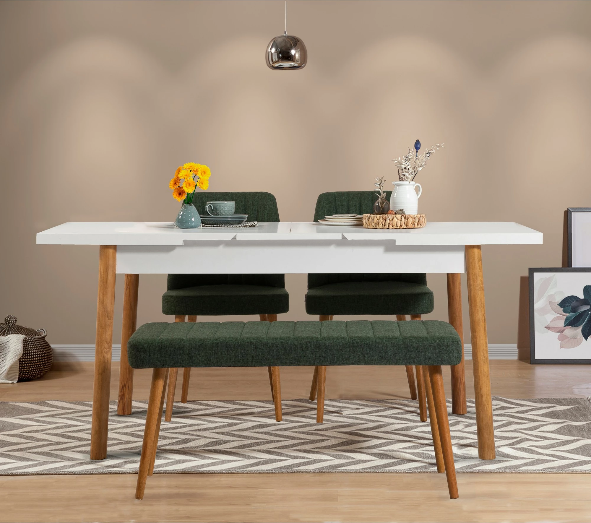 Set tavolinë me karrige për ngrënie, zgjatueshme, 4 pjesë, Skye Decor, ngjyrë pishë Atlantike, e bardhë, e gjelbër