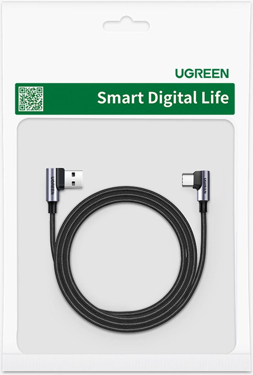 Kabllo Ugreen USB C në USB 2.0, 3m, 3A, kënd 90°, e zezë