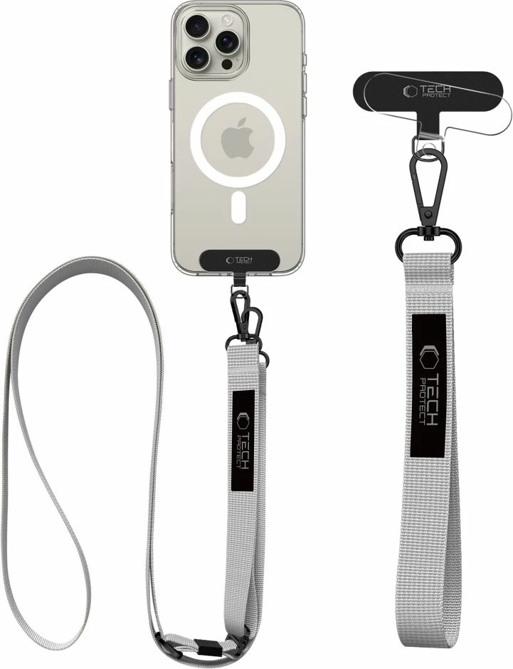 Litar për celular Tech-Protect C6S 2-n-1, i rregullueshëm 91-157 cm, me rrip dore 18 cm, set 2 rripa + 2 adaptera, gri