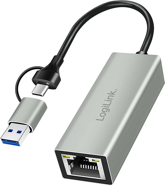 Adapter USB LogiLink USB 3.2 Gen1, USB-A/USB-C në Gigabit Ethernet, alumin, argjendtë