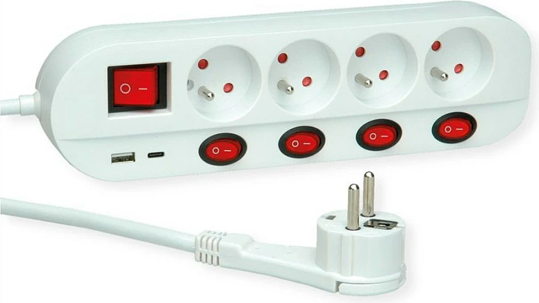 Zgjatues rryme ROLINE 19.07.2346, 4 priza, 1.5 m, 2x USB (A+C), Type EF, me ndërprerës, i bardhë