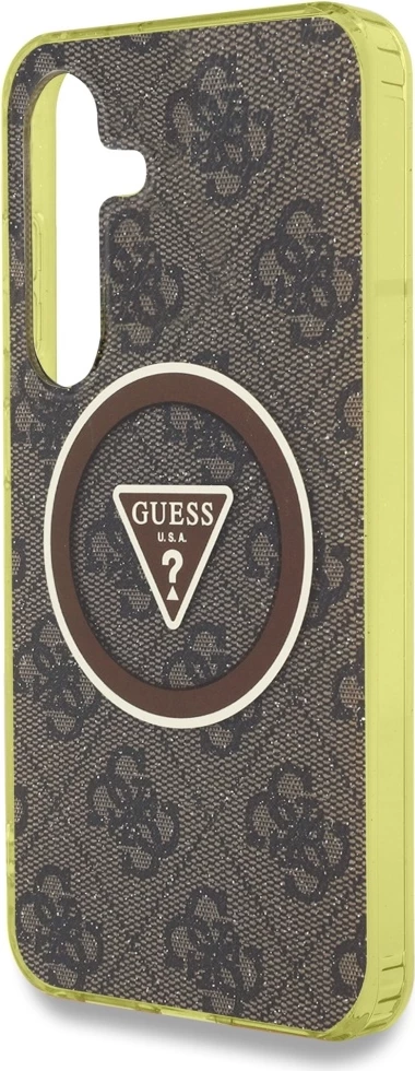 Mbështjellës Guess 4G Glitter Triangle Buttons MagSafe për Samsung Galaxy S25, Kafe