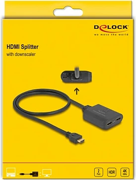 Splitter HDMI DeLOCK 1x HDMI në 2x HDMI, 4K 60Hz, me downscaler, i zi