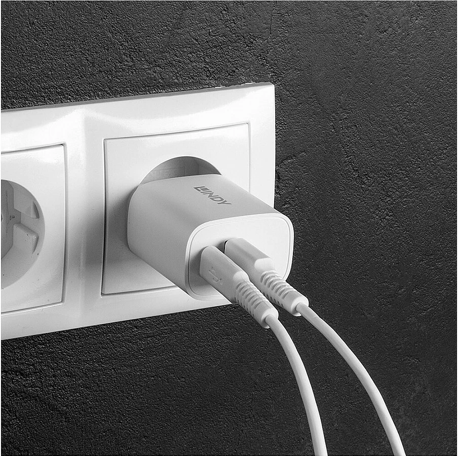 Karikues muri LINDY 73413, 20W, 2 porta (USB-C PD + USB-A), i bardhë