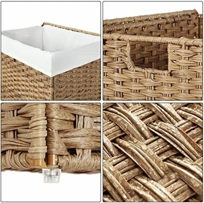 Shportë rrobash SONGMICS LCB51NL 90L me kapak, me doreza, e palosshme, me qese të brendshme pambuku, natyrale