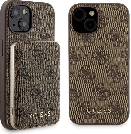 Mbështjellës Guess 4G Metal Logo me powerbank MagSafe 5000mAh për iPhone 15, Kafe, Set