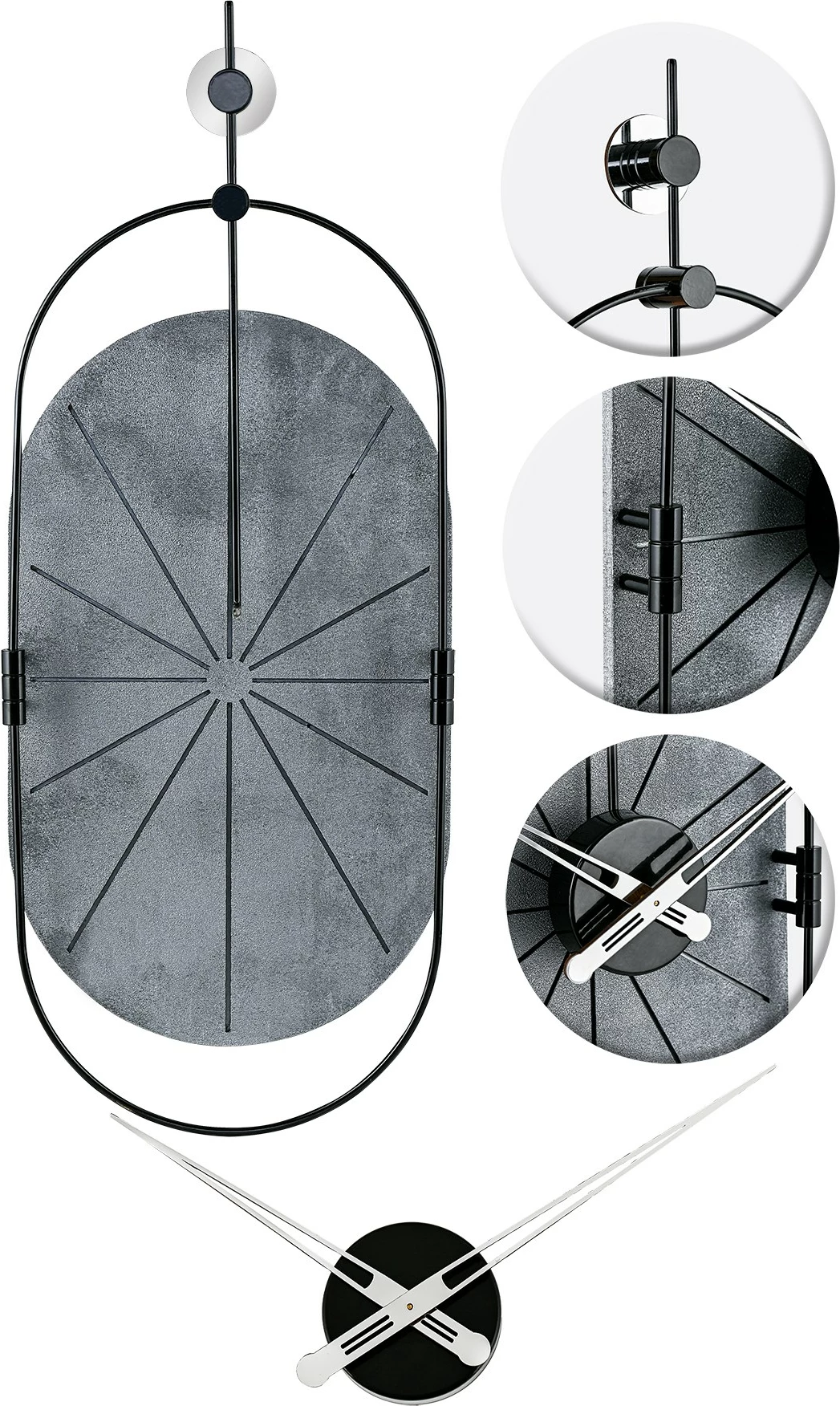 Orë muri dekorative Wallity, metalike, argjend e zezë, 77x29cm