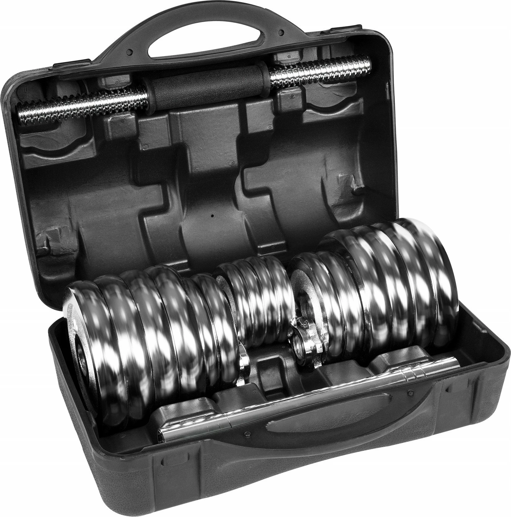 Set hantelash të rregullueshme Rebel Active RBA-2326-30 30 kg me shtangë lidhëse dhe valixhe, krom